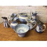 A quantity of blue and white transfer printed china including footed bowl which measures 15cm x