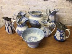 A quantity of blue and white transfer printed china including footed bowl which measures 15cm x