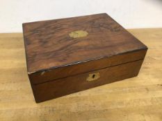 19thc hinged box with brass plaque to top, lacking key, measures 10cm x 30cm x 24cm