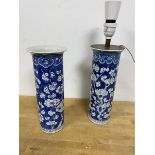 A blue and white Chinese spill vase with punus decoration later converted to a lamp and another