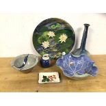 A mixed lot of ceramics including Wemyss pin tray with strawberry decoration inscribed G Hill