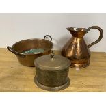 A copper flagon inscribed Gallon to front, interior rim stamped ER measures 26cm high, also a copper