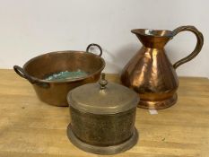 A copper flagon inscribed Gallon to front, interior rim stamped ER measures 26cm high, also a copper