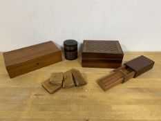 A mixed lot including two hinged wooden boxes, a lacquered circular box another box and four