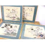 A group of four Chinese painted textile panels, all depicting birds and trees, measure 32cm x 40cm