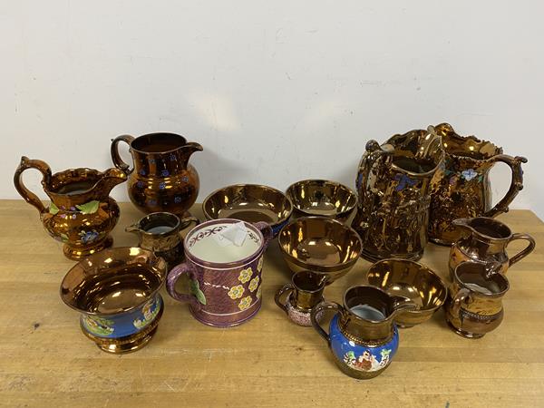 A collection of lustre ware including jugs, bowls, loving cup etc, tallest measures 21cm high