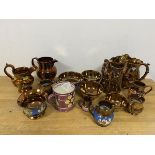A collection of lustre ware including jugs, bowls, loving cup etc, tallest measures 21cm high