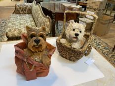 Two Leonardo Collection resin figures of dogs, one in wicker basket, break to handle, measures