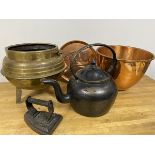 A group of metalware including a large copper bowl which measures 22cm high along with a copper