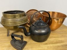 A group of metalware including a large copper bowl which measures 22cm high along with a copper