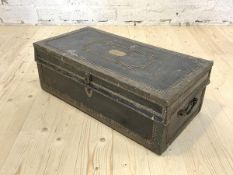 A Late Victorian studded and metal bound travelling strong box, with brass plaque inscribed