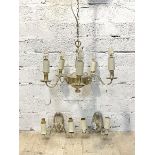 A white metal five branch ceiling pendent light fitting (D46cm) together with a similar pair of twin