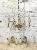 A white metal five branch ceiling pendent light fitting (D46cm) together with a similar pair of twin