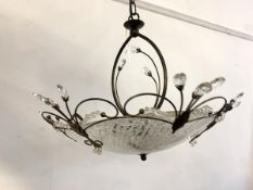 An anodised metal ceiling pendent light fitting with four branches and glass shade, D60cm