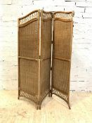 A mid century boho style bamboo and woven cane bi-fold room divider, H173cm