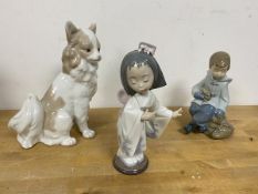 A Lladro figure of young Japanese girl measuring 19cm high also a Nao figure of dog and another of