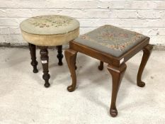 A Late Victorian walnut framed circular stool, the top upholstered in floral needlework, raised on