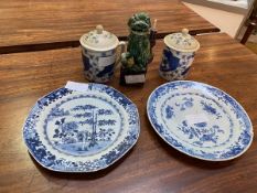 A mixed lot of china including an 18thc Chinese plate depicting landscape, handwritten label verso