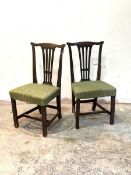 A Pair of 19th century stained elm side chairs, pierced splat back over upholstered seat, raised