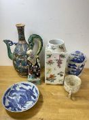A mixed lot of china including a 20thc square shaped vase with red seal mark to base, measures