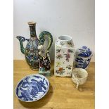 A mixed lot of china including a 20thc square shaped vase with red seal mark to base, measures