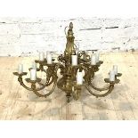 A Large cast brass sixteen branch chandelier, with ceiling rose, D81cm