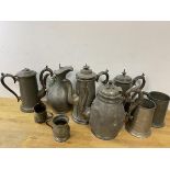 A quantity of 19thc pewter including coffee pots, tankards, measures etc, tallest 26cm (9)