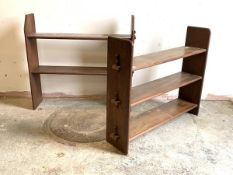 A walnut three tier open shelf of pegged construction, (H83cm, W101cm, D25cm) together with