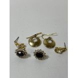 Three pairs of earrings including silver and 9ct gold bonded circular earrings, pair of pearl