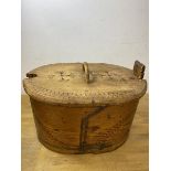 A Scandinavian bentwood box with poker work decoration lacking one handle support, measures 23cm x
