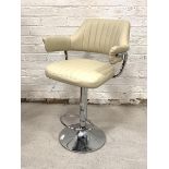 A Contemporary bar stool, with cream faux leather seat and back, raised on a chrome rise and fall