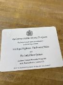 An invitation to the wedding of the Prince of Wales to Lady Diana Spencer, handwritten inscription