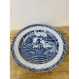 A late 17th early 18thc Delft blue and white charger with the well depicting Chinese landscape, some