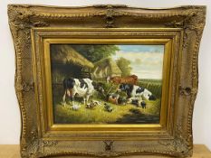 A 20thc school Victorian style farm yard scene with cows, pigs and ducks, oil, measures 29cm x 39cm