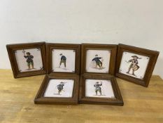 A set of six framed decorative tiles depicting 16thc figures, each measures 12cm x 12cm