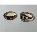 An 1897 15ct Birmingham gold ring with pearls separated by green stones, one pearl missing, size P