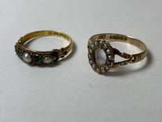 An 1897 15ct Birmingham gold ring with pearls separated by green stones, one pearl missing, size P