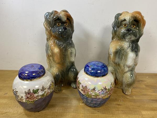 A pair of 1920's / 30's Staffordshire terrier dog figures, each measures 36cm high along with two