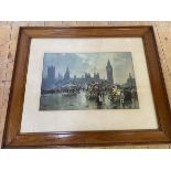 Reproduction print depicting Westminster Bridge facing Parliament with wagons and flower seller,