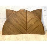 Four figured walnut quarter round table leaves, with brass forks and green baize bags, each