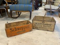 A vintage Black and White Scotch Whisky crate and a Schwepps soda crate, Black and White measures