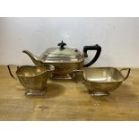 An Epns teapot measures 14cm high x 30cm x 13cm along with milk jug and sugar bowl