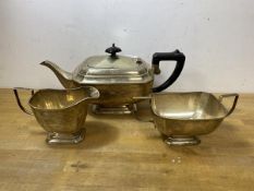 An Epns teapot measures 14cm high x 30cm x 13cm along with milk jug and sugar bowl