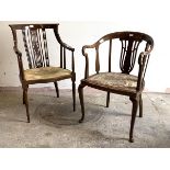 Two Edwardian inlaid mahogany salon chairs, one on turned tapering supports, the other cabriole,