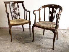 Two Edwardian inlaid mahogany salon chairs, one on turned tapering supports, the other cabriole,