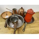 A quantity of copperware including pans, chocolate pots also a red enamel coffee pot which