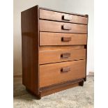 A mid century teak chest, fitted with five graduated drawers, H102cm, W82cm, D45cm