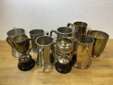 A collection of pewter and Epns mugs, some presentation such as handicap prize Gleneagles June 1937,
