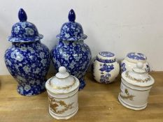A mixed lot of china including two 19thc transfer printed baluster shaped lidded jars, two Mason's