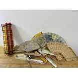 A collection of folding fans, also vintage ruler and two place mats (a lot)